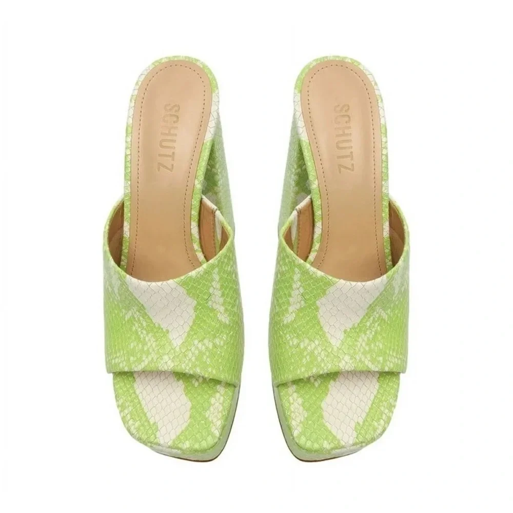 Schutz Darah Wild Green Snake Embossed Leather SlipOn High Heel Sandals Size 8.5